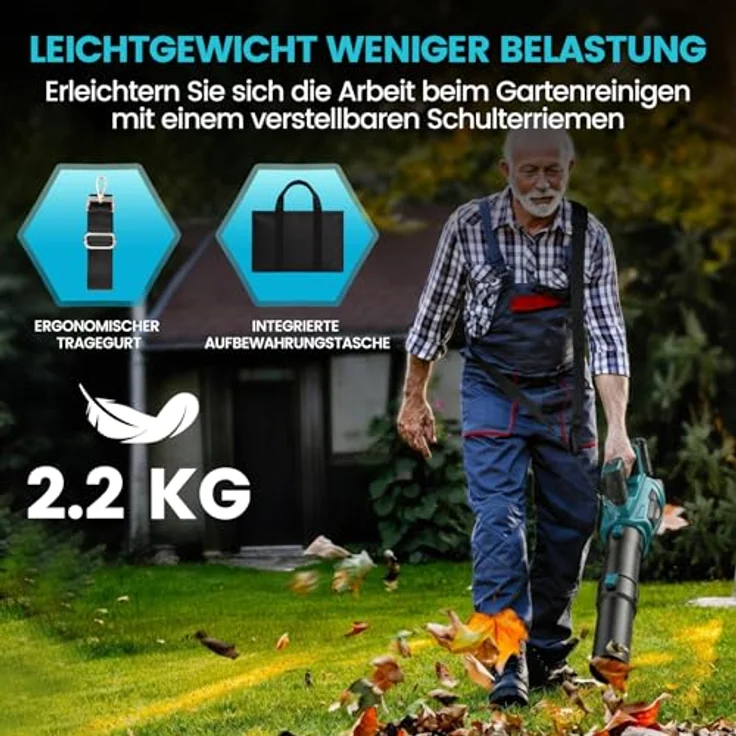 Bundviel Hochleistungs Akku-Laubbläser 21V, Bürstenloser Motor mit 5 Geschwindigkeitsstufen + Turbo, max. 90 m/s, 1500 g Blaskraft, 2 × 4Ah Akku, kabellos, leicht und mobil – Bild 7