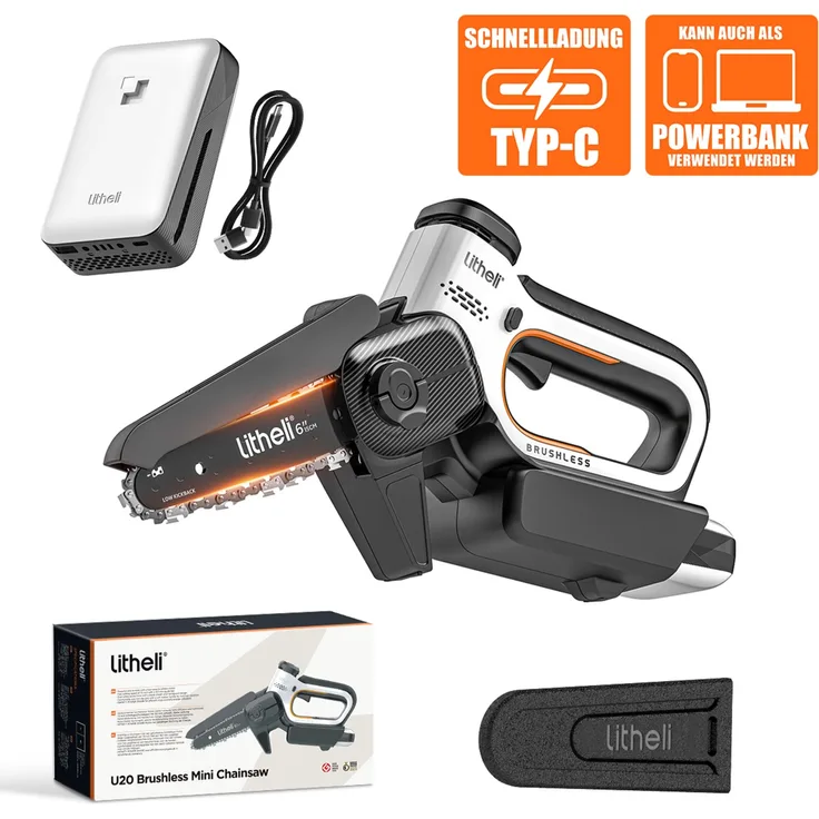 Litheli U20 Akku-Kettensäge 20V EGT050077, bürstenloser Motor, inkl. 2.0 Ah Akku und Powerbank-Funktion