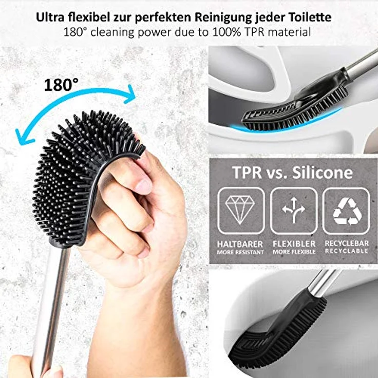 3in1 Toilettenbürste aus Silikon mit WC Bürsten Halter und Wandhalterung, Langer Stiel aus Edelstahl & Hygienisch mit Lamellen und Schaber – Toilettenbürstengarnitur für Badezimmer & Gäste-WC – Bild 3