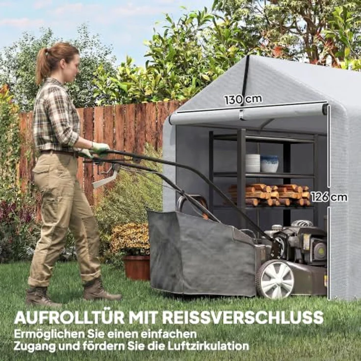 Outsunny Garagenzelt 2,2 x 1,6 m, wasserdichtes Gerätezelt mit Rolltür und Satteldach, hellgrau – Bild 4
