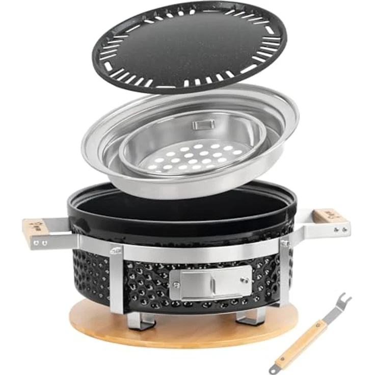 BBQ-Toro Keramik Holzkohletischgrill Ø 29,5 cm, Outdoor Hibachi Grill mit Holzunterlage, ideal für Camping, koreanischen Grill & japanisches BBQ – Bild 3