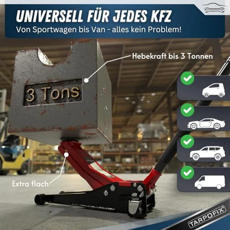 Tarpofix Hydraulischer Wagenheber 3T – Flacher Rangierwagenheber für Auto & SUV, Hubhöhe 85 - 475 mm, mit Gummiauflage & Handschuhen – Bild 6
