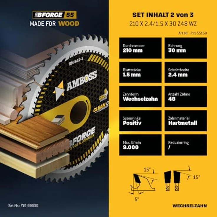Amboss Werkzeuge Ø210 x 30 Hand- Kreissägeblatt Set für Makita 5008 MG, Festool TS75EBQ - 3er Sägeblatt Sortiment, geeignet für Holz, Metall und Kunststoffe – Bild 4