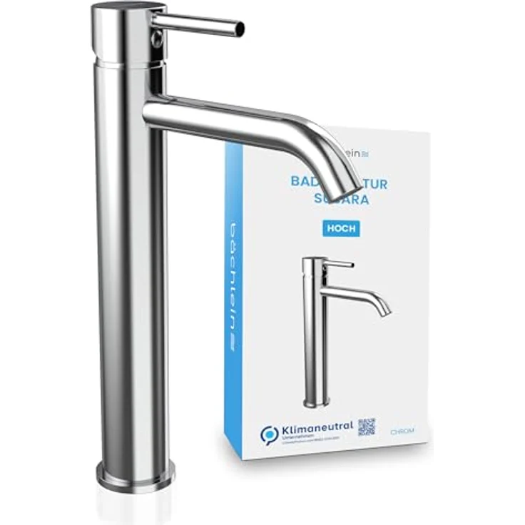 Bächlein Badarmatur Susara hoch mit gebogenem Auslauf, Extra hoher Design Einhebelmischer für Aufsatzwaschbecken mit langlebiger Keramikkartusche und Montage-Set, Bad Wasserhahn Chrom – Bild 1