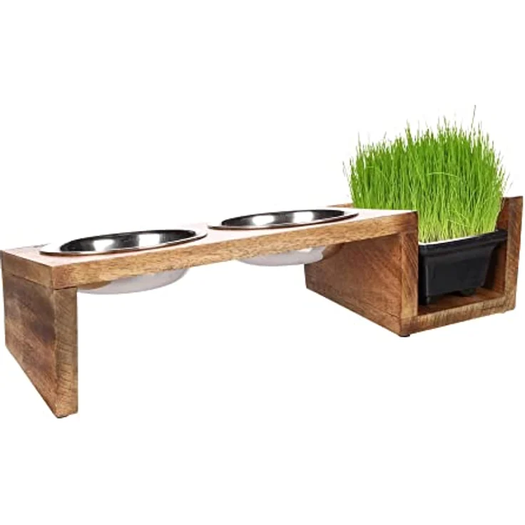 Flamingo Futter- und Trinknapf Set LELA, Edelstahlnäpfe mit Mangoholzständer, 2x375ML, 13CM, für Katzengras – Bild 2