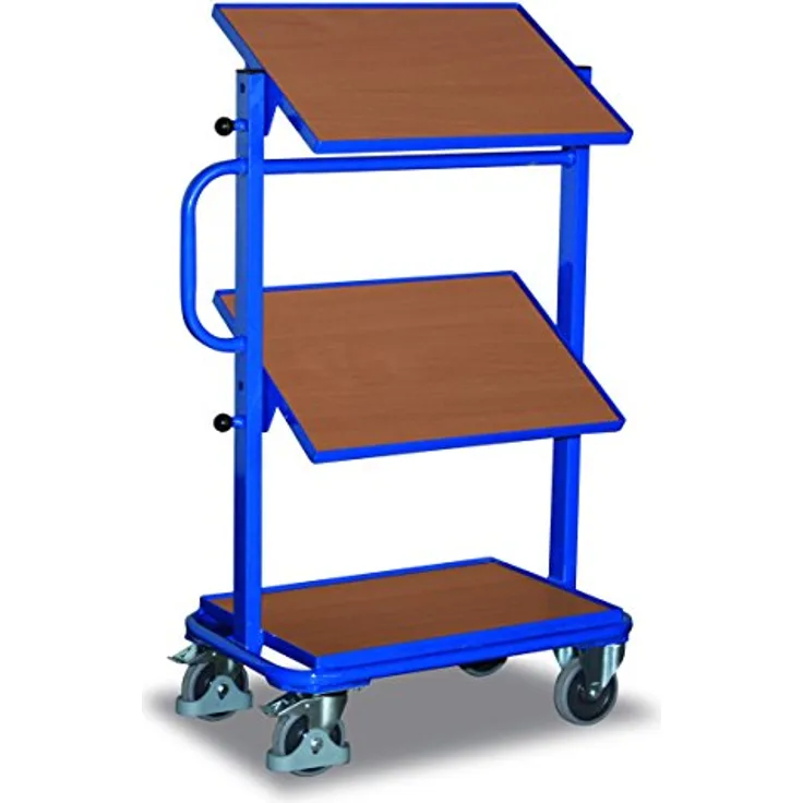 VARIOFIT Beistellwagen mit 3 offenen Holzböden, neigbar, 610x410mm, pulverbeschichtet in enzianblau, Traglast bis 200 kg