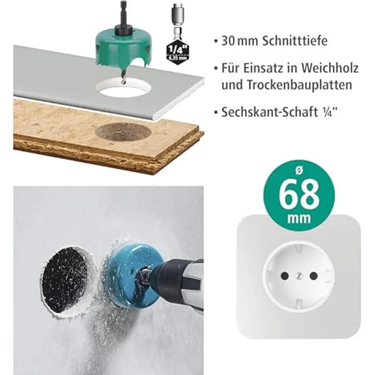 Wolfcraft 5897000 Bohrkronen-Set 3-tlg. für Hohlwanddosenmontage, inkl. Carbonstahl-Lochsäge Ø 68 mm und Lochrandsenker – Bild 5