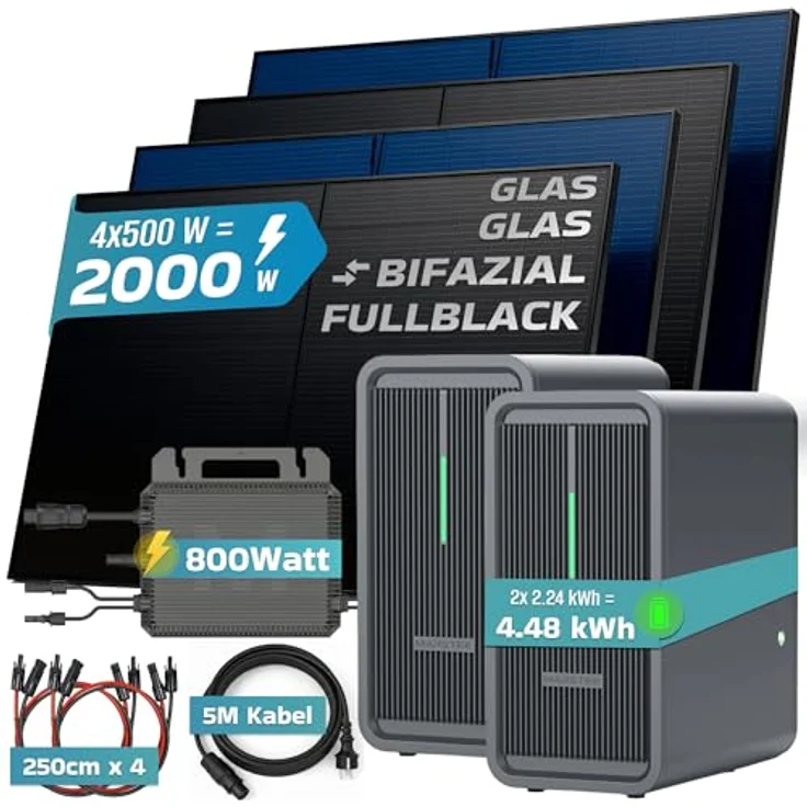 SUNNIVA® SUNNIVA® 2000W Balkonkraftwerk, Komplettset mit 4.48 kWh Speicher MARSTEK 2x B2500-D, Bifazial Fullblack, 4x 500W N-Type Glas-Glas Module, steckerfertig – Bild 3