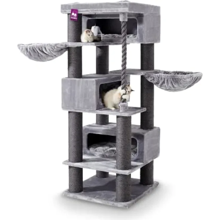 Petrebels Kratzbaum XXL, Turnpike 200 Grau, 76 x 76 x 200 cm, Maine Coon Kratzbaum für große Katzen Stabil