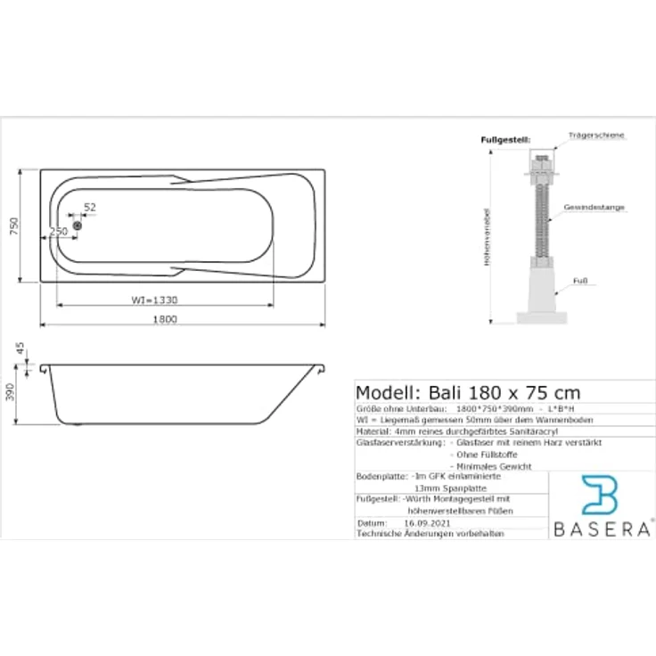 Basera® Indoor Whirlpool Badewanne Bali Basic, 180 x 75 cm, hochglanzweiß, mit 8 Massagedüsen und LED-Farblichtambiente – Bild 5