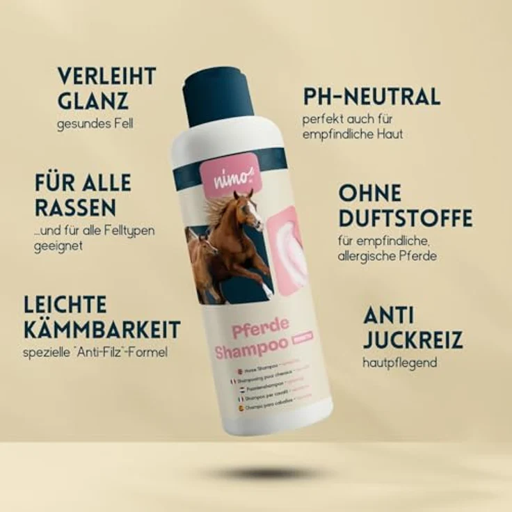 nimo Tiershampoo Pferde Shampoo sensitiv, 250 ml, mild gegen Juckreiz und Trockenheit, Rückfettungsmittel ohne Duftstoffe – Bild 3