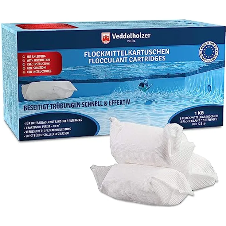 Veddelholzer Flockmittel für Pools, 1 kg Flockungsmittel in Kartuschen (8 x 125g) für Sand- und Glasfilteranlagen, effektive Poolpflege für klares Wasser
