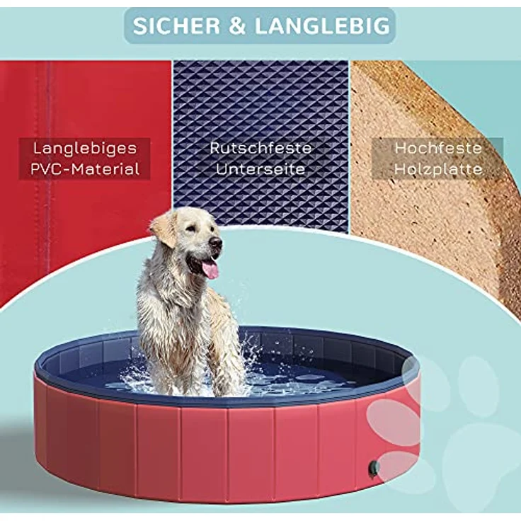 PawHut Hundepool Planschbecken Schwimmbecken Schwimmbad Hundebad, PVC+Holz Rot Φ140x30cm – Bild 4