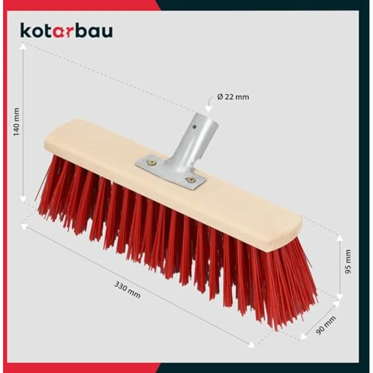 KOTARBAU® Straßenbesen 33 cm, Industriebesen mit Nylonborsten für Laub, robustes Holz, ideal für Innen- und Außenbereich, natürlich/rot – Bild 3