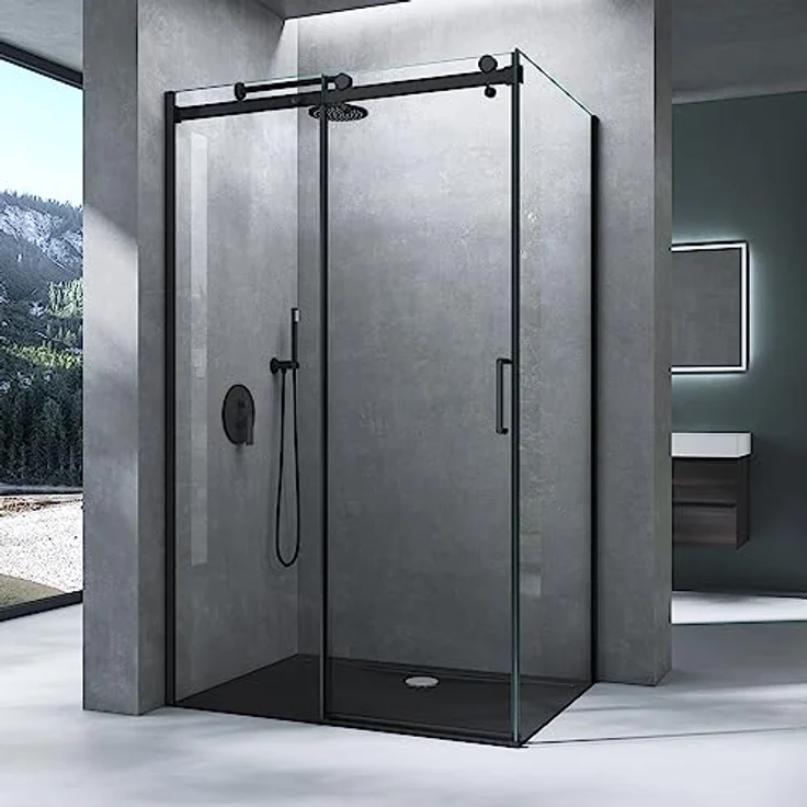 Mai & Mai Eckdusche Duschkabine Softclose Schiebetür H:195cm ESG NANO Rav19, BxT: 100x75 cm, Klarglas / Schwarz – Bild 1