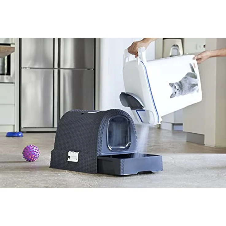 Curver 2068961 petlife Katzentoilette mit Deckel, Katzenklo inklusive Schaufel, moderne Rattangeflecht-Optik, anthrazit, 51,5 x 38,5 x 40 cm – Bild 5