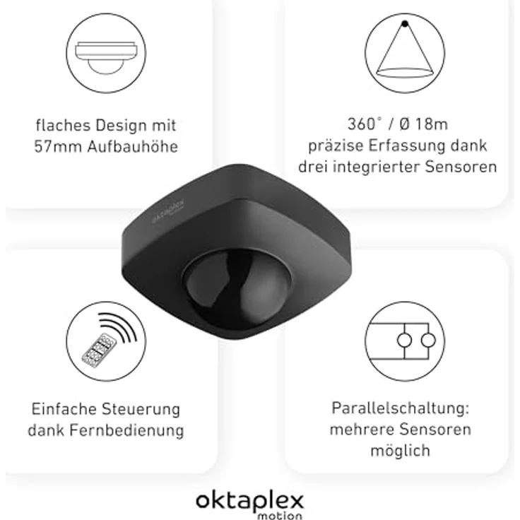 Oktaplex motion Bewegungsmelder Tim, 360 Grad Deckenbewegungsmelder mit PIR Sensor IP65, inkl. Fernbedienung, Reichweite bis 9m, anthrazit – Bild 2