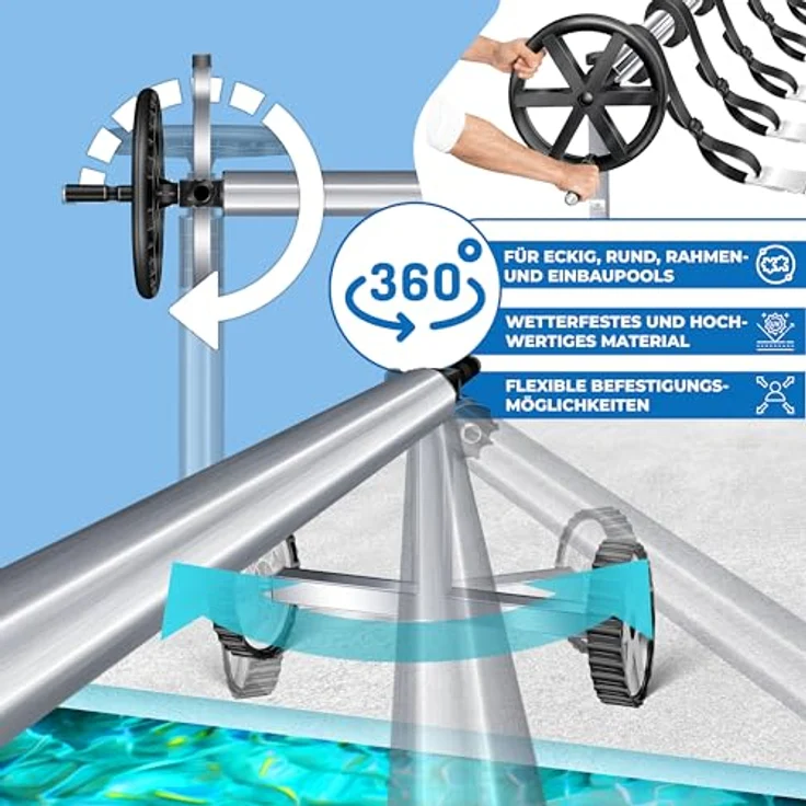 KESSER Pool Aufroller Premium Aufrollsystem 3m - 5,70m Mit Rädern für Solarplane mobiles Aufrollvorrichtung für Poolplane & Abdeckung inkl. Bänder witterungsbeständiges Material Silber - Schwarz – Bild 4