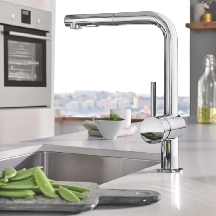 Grohe Minta L-Auslauf Küchenarmatur, Einhand-Spültischbatterie mit ausziehbarer Dual-Spülbrause, StarLight Chrom, Hochdruck – Bild 7