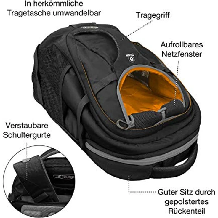 Kurgo G-Train Hunderucksack, Mit integriertem Haustierfach, Wasserfester Boden, Für Haustiere bis zu 11 kg, Schwarz – Bild 2