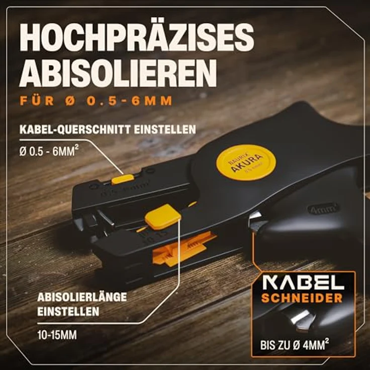 BAURIX® AKURA Abisolierzange automatisch, Abisolierwerkzeug mit integriertem Kabelschneider für Kabel 0,5–6 mm², ergonomisches Design, für Elektroinstallation und DIY – Bild 2