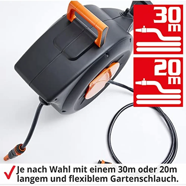 HECHT Automatik Wand Schlauchtrommel, 20m oder 30m Gartenschlauch, inkl. Wandhalterung, Schnellkupplung, Gartenspritze & wahlweise Metall Multifunktions Gartenbrause für Garten Bewässerung – Bild 2