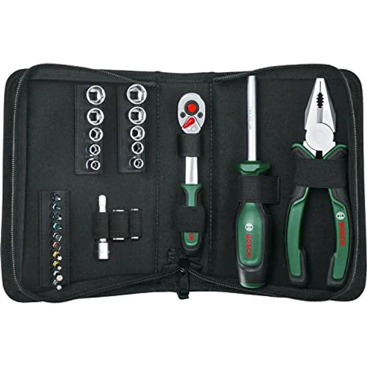 Bosch Mobility-Handwerkzeug 26-teilig, Set mit 1/4'-Ratsche, Kombizange und Universalschraubendreher in praktischer Stofftasche – Bild 2