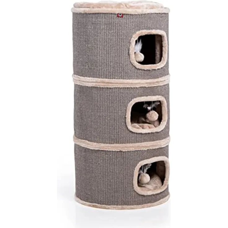 CanadianCat Company | Kratztonne Tony Höhe 90 cm, Spieltonne für Katzen ø 45 cm, Katzenkratzbaum mit 3 Höhlen, Katzenbaum, Kratzturm aus Sisal, Katzenmöbel, Plüsch, Beige