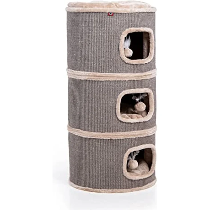 CanadianCat Company | Kratztonne Tony Höhe 90 cm, Spieltonne für Katzen ø 45 cm, Katzenkratzbaum mit 3 Höhlen, Katzenbaum, Kratzturm aus Sisal, Katzenmöbel, Plüsch, Beige – Bild 1
