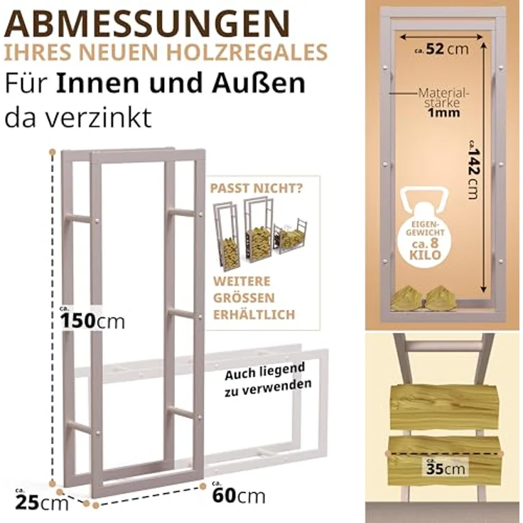 LAWA Living and Lifestyle Kaminholzregal verzinkt, Metall, für innen und außen, 150x60x25 cm, hohe Stabilität, Platz für ca. 220 dm³ Brennholz – Bild 2