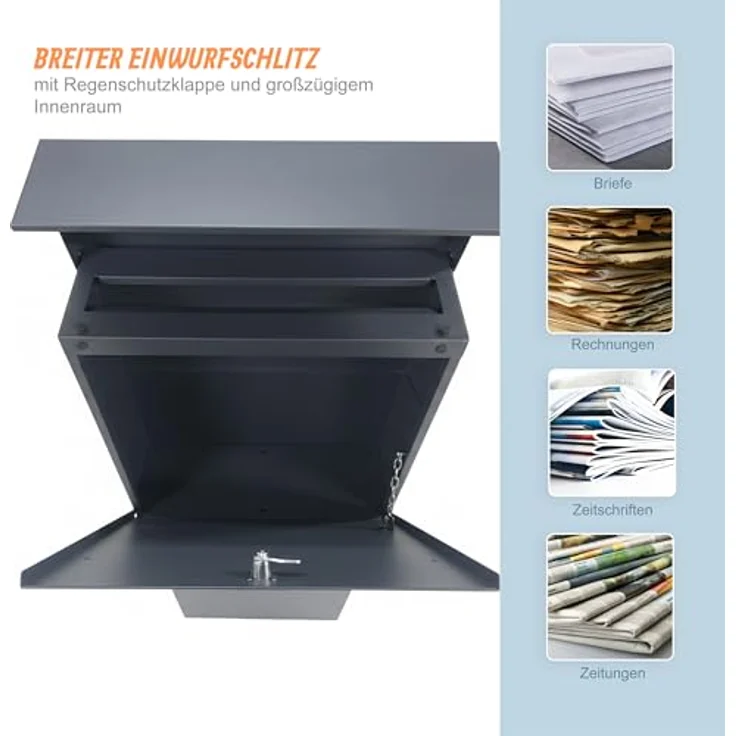 relaxdays Standbriefkasten Stahl (mit Zeitungsfach), anthrazit, wetterfest mit Zylinderschloss und Montagematerial – Bild 5