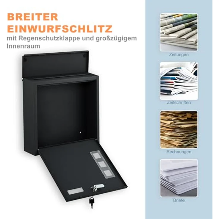 Relaxdays Briefkasten mit Sichtfenstern, Wandpostkasten aus Eisen, HxBxT: 33 x 35 x 12 cm, schwarz, 4 Schlüssel, breiter Einwurfschlitz für DIN C4-Format – Bild 6