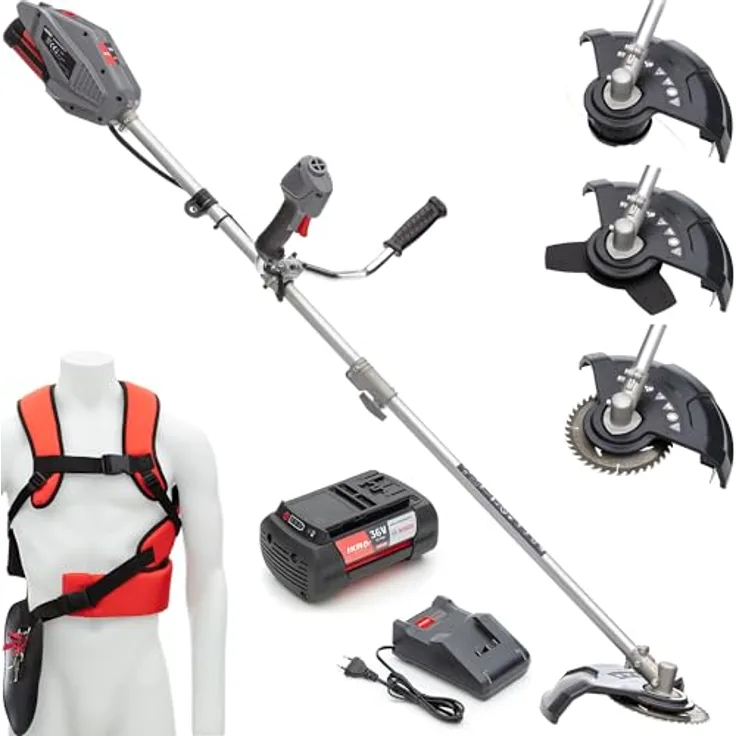 IKRA 36V Akku Freischneider Rasentrimmer IB-BC 33, inkl. 36V 4Ah Akku, Ladegerät, 3-Zahn-Messer, 80-Zahn-Sägeblatt & Schultergurt, bürstenloser Motor, ergonomisches Design