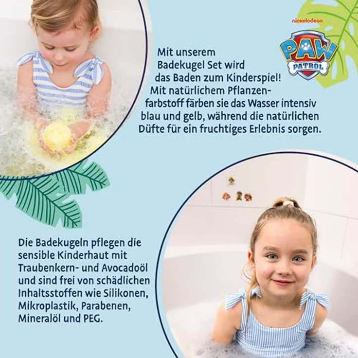 MABYEN PAW PATROL Kids Badekugel Set, Naturkosmetik mit 2x blauen Chase Badekugel (Blaubeerduft) & 2x gelben Rubble Badekugel (Tropical Duft), vegan und hautfreundlich – Bild 4
