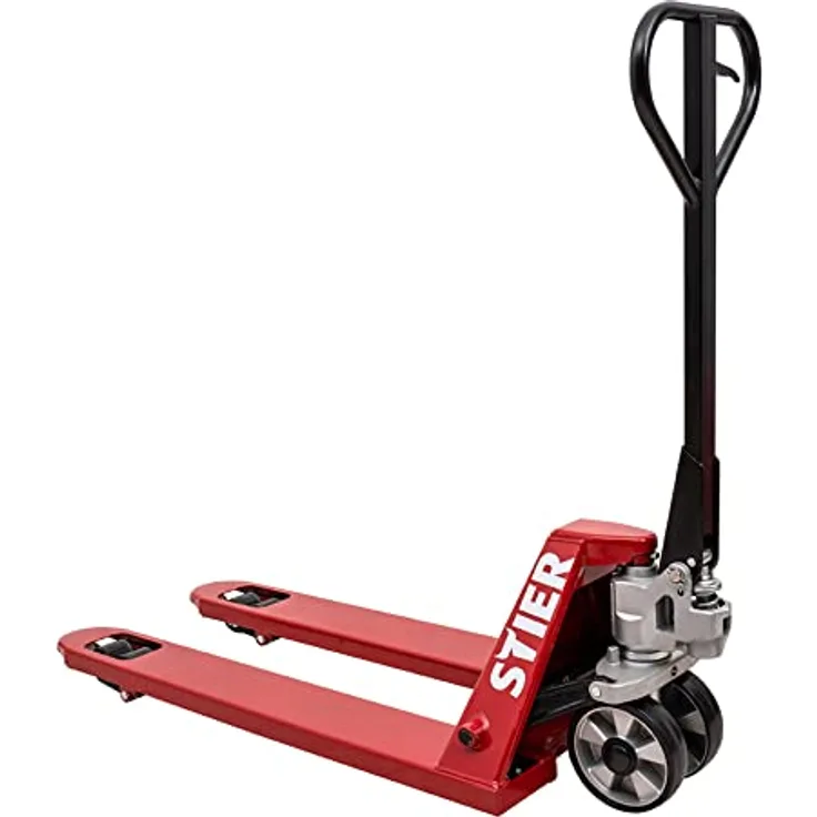 STIER Hubwagen, Gabelhubwagen mit 2500 kg Tragkraft, 1150 mm Gabellänge, rot, wartungsfreie Handhydraulik, Gummi-Rollen, Lenkeinschlag 210°