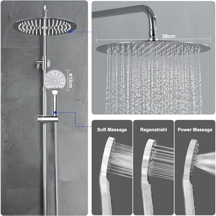 JOHO 304 Edelstahl Duschsystem, Chrom Regendusche Set mit Wandhalterung, Duschkopf und Schlauch, Runde Kopfbrause D30 cm, wassersparend, verstellbare Duschstange – Bild 3