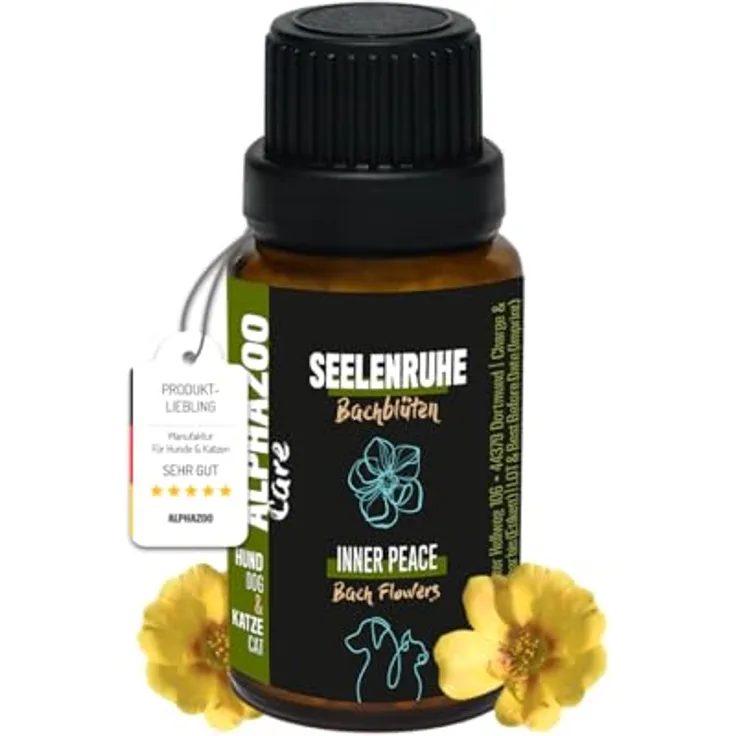 ALPHAZOO Seelenruhe Bachblüten Globuli 15g für Hunde & Katzen, natürliche Beruhigungstropfen gegen Angst und Stress, in nachhaltiger Braunglasflasche