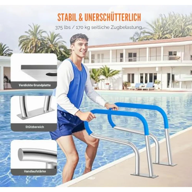 VEVOR Pool-Handlauf, 805 x 100 x 585 mm, Edelstahl Pooleinstieg mit Grundplatte, rostfreier Haltegriff für Innen-/Außenpools, Tragfähigkeit 220 lbs / 100 kg, Farbe Silberweiß – Bild 3
