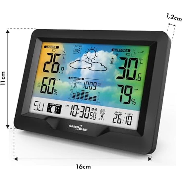 Greenblue GB540N, Funkwetterstation mit DCF, Mondphasen, Barometer, Kalender und kabellosem Aussensensor, schwarz – Bild 5