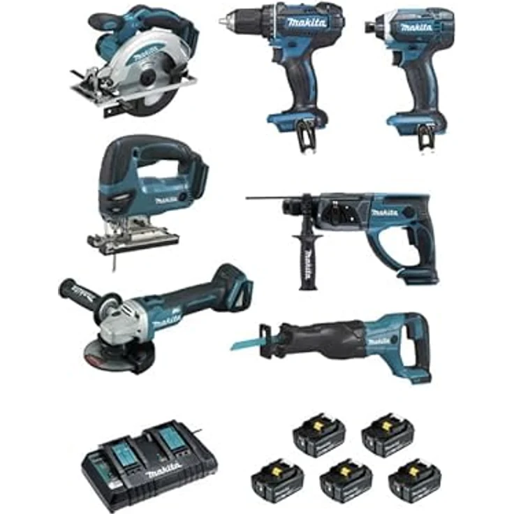 Makita Kombi-Set, 7-teilig inkl. Bohrer DDF482, Schraubendreher DTD152, Schleifer DGA504, Säge DSS610, Perfo DHR202, DJR186 & DJV180, 18 V Akku-Elektrowerkzeuge – Bild 3