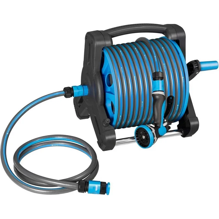 Juskys Schlauchtrommel Basic, 30 m, Multifunktionsbrause, 10 Funktionen, diverse Adapter, Blau/Dunkelgrau