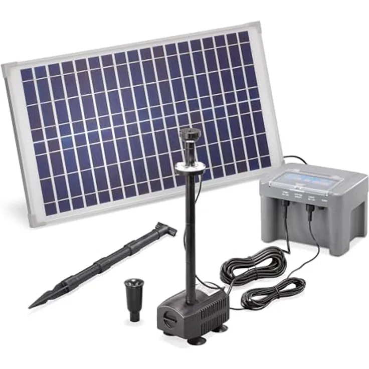Esotec Solar Teichpumpenset 25 650 LED pro Batt, Komplettset mit Pumpe, Solarmodul, Akku und programmierbaren Funktionen, 650 l/h, 1,4 m Förderhöhe, IP68