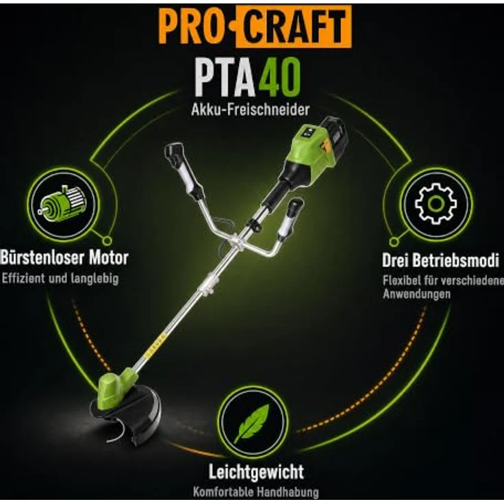 Procraft PTA40 Akku Rasentrimmer, 40 V (2x 20 V), 300 mm, bürstenlos, Solo - ohne Akku, ohne Metallschneideblatt – Bild 2