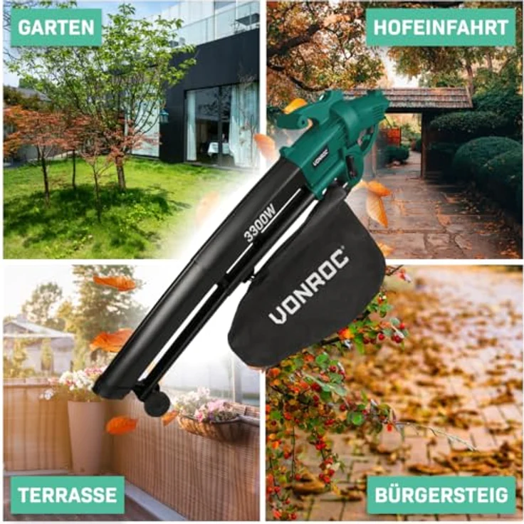 VONROC Laubsauger Elektro 3300W, 3 in 1 Laubsammler mit 270 km/h Blasgeschwindigkeit und 40L Auffangbeutel – Bild 4