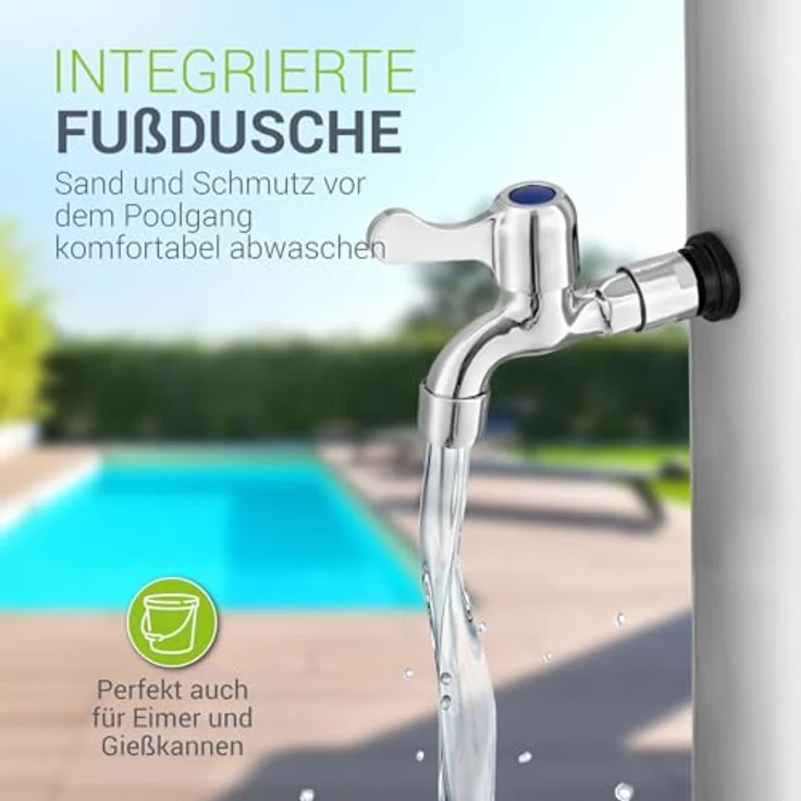 Juskys Solardusche Victoria, 40 L, schwenkbarer Duschkopf, stufenlose Temperaturregelung bis 60 °C, inkl. Fußdusche, klassisch schwarz – Bild 6