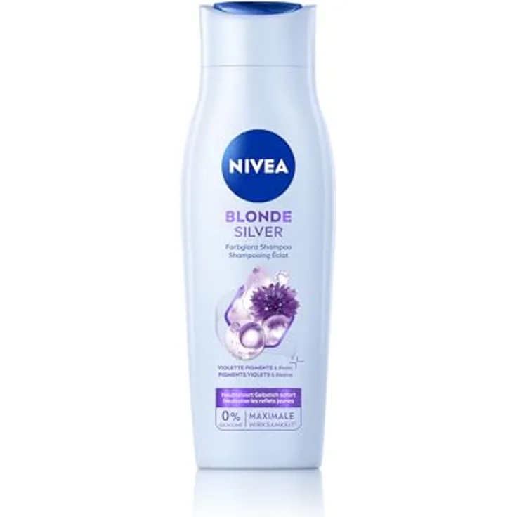 NIVEA Blonde Silver Farbglanz Shampoo, 250 ml, Silbershampoo mit Kornblumenextrakt und Biotin zur Auffrischung von blondem, silbernem & grauem Haar