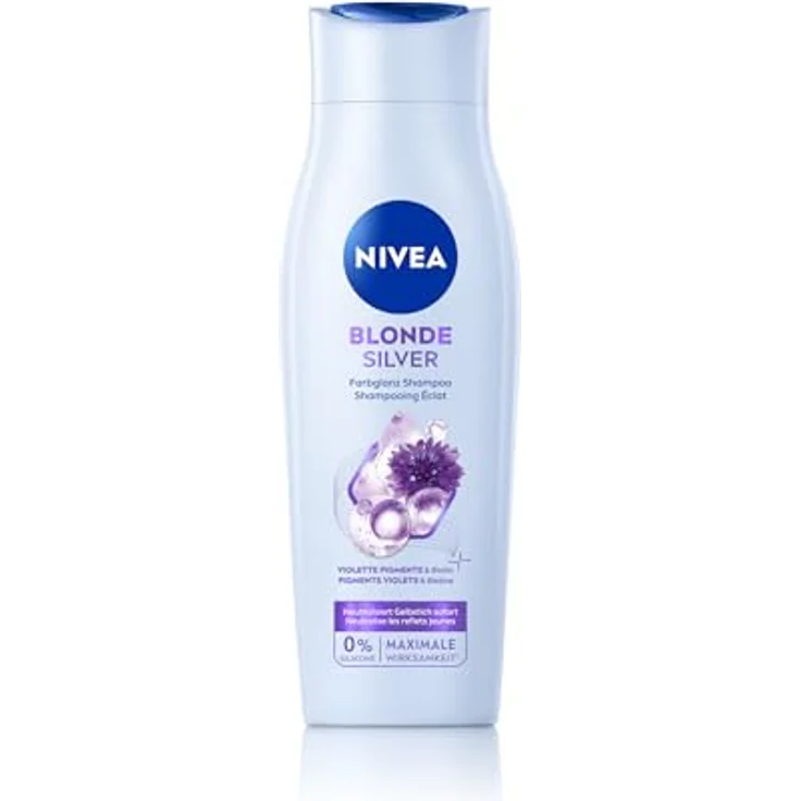 NIVEA Blonde Silver Farbglanz Shampoo, 250 ml, Silbershampoo mit Kornblumenextrakt und Biotin zur Auffrischung von blondem, silbernem & grauem Haar – Bild 1