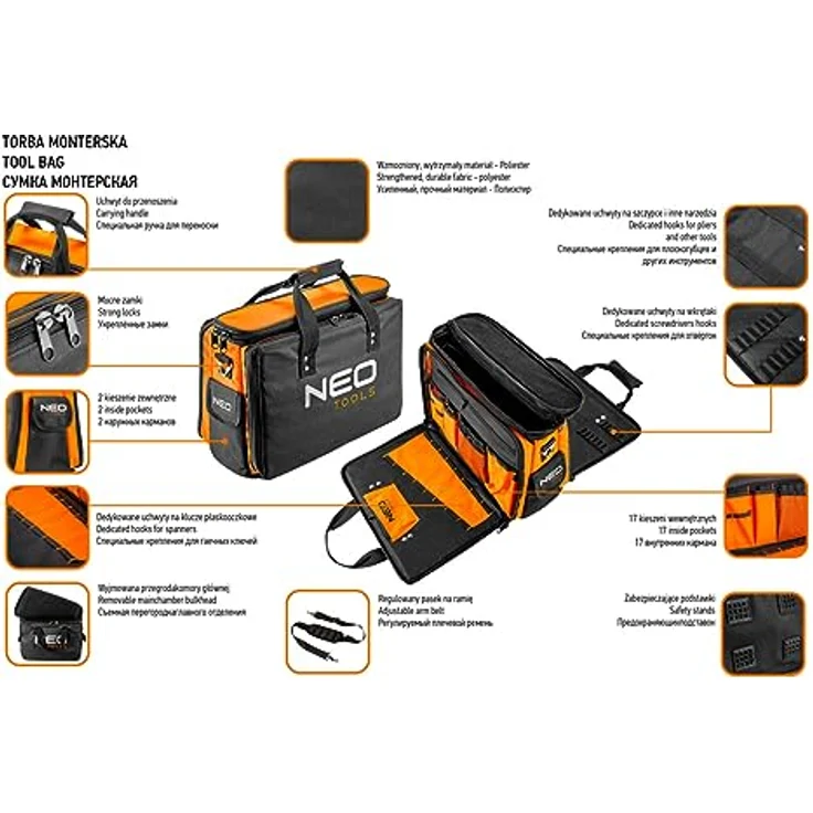 NEO TOOLS Werkzeugtasche Monteurtasche Polyester 600D, 17 Innentaschen, 2 Außentaschen, starre Bauweise, verstärkte Reißverschlüsse, 43.5 x 33 x 20 cm - Schwarz – Bild 2