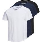 Jack & Jones Herren Organic Basic Shirt Multipack, 5 Stück, Schwarz, Weiß, Blau, Rundhalsausschnitt, Größe XXL