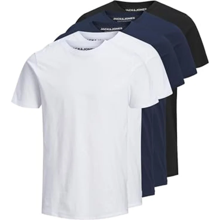 Jack & Jones Herren Organic Basic Shirt Multipack, 5 Stück, Schwarz, Weiß, Blau, Rundhalsausschnitt, Größe XXL – Bild 1